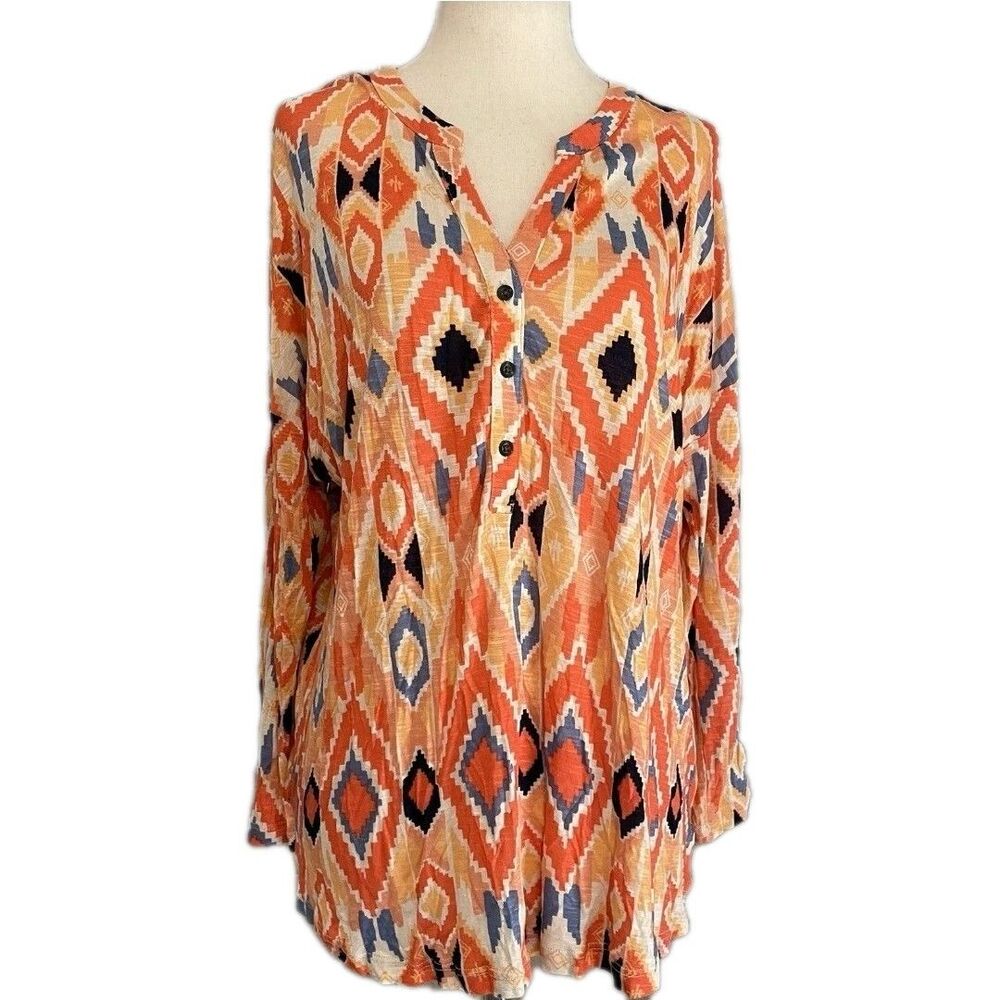 Lucky Brand Coral Orange Blue Ikat Henley Top 3X